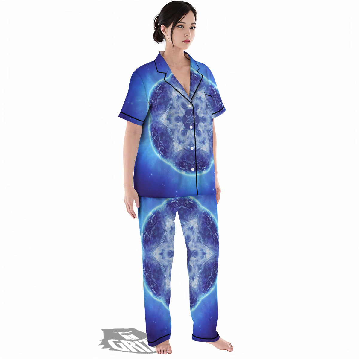 Blue Fractal Kaleidoscope Print Women's Pajamas Set-grizzshop