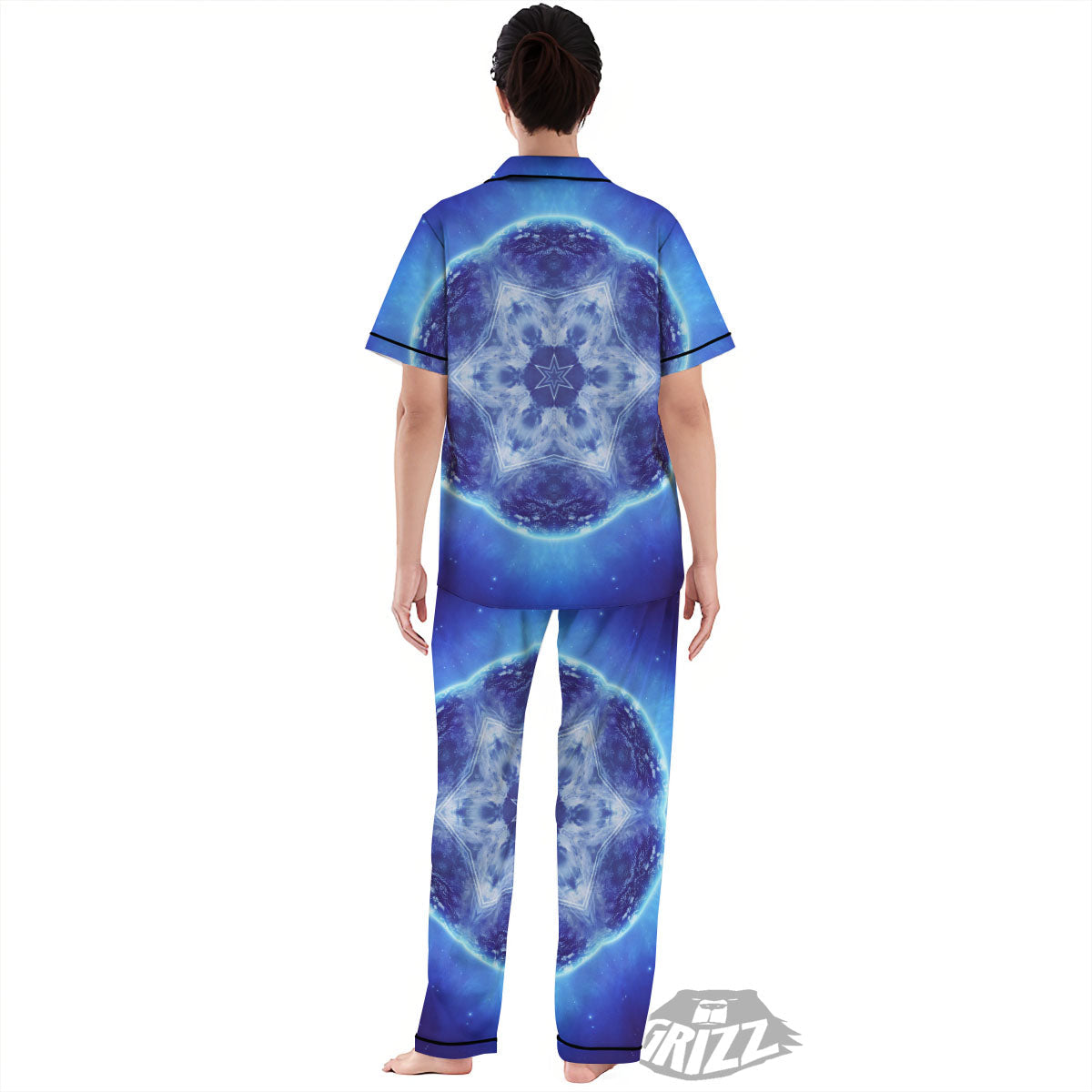 Blue Fractal Kaleidoscope Print Women's Pajamas Set-grizzshop