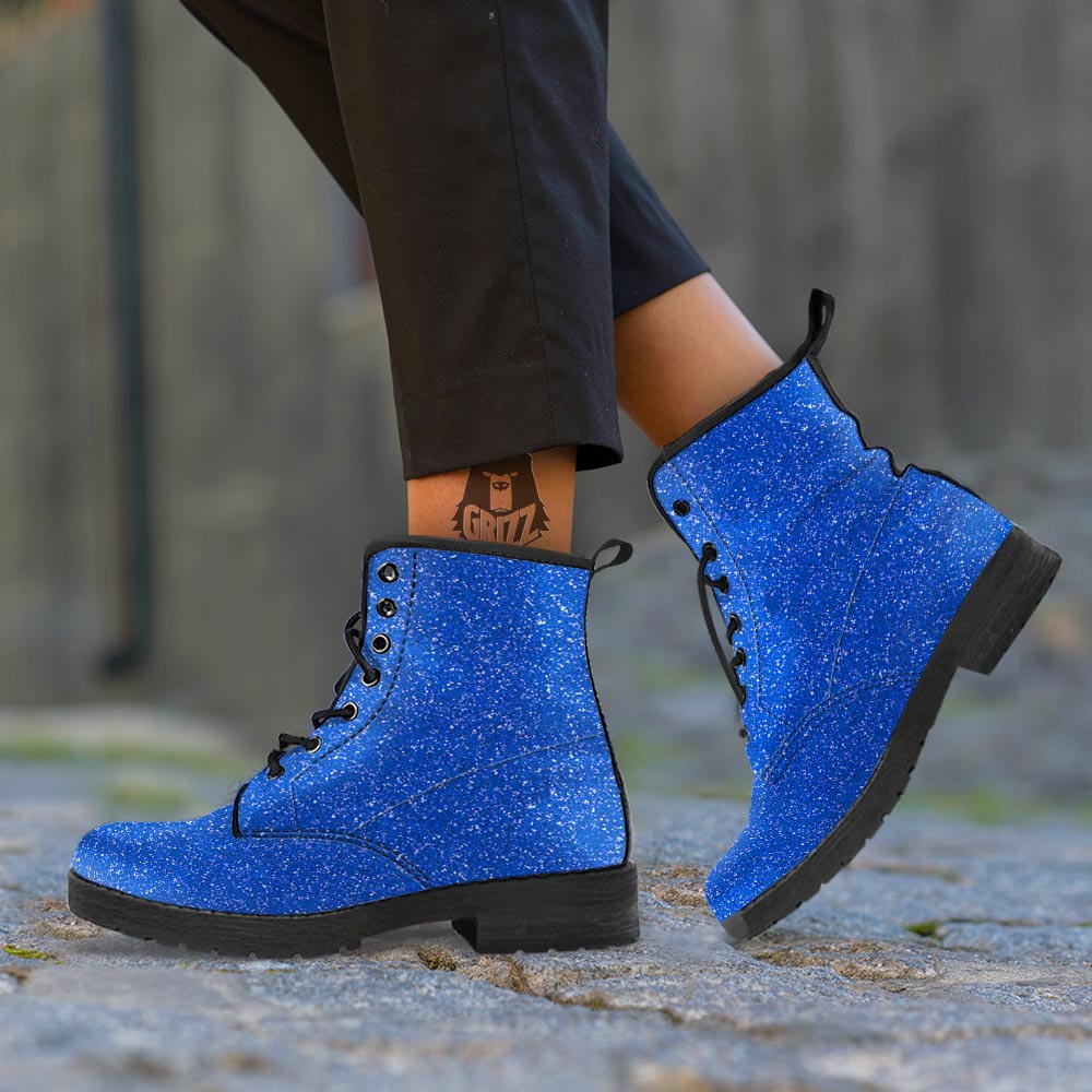 Blue Glitter Artwork Print Leather Boots-grizzshop