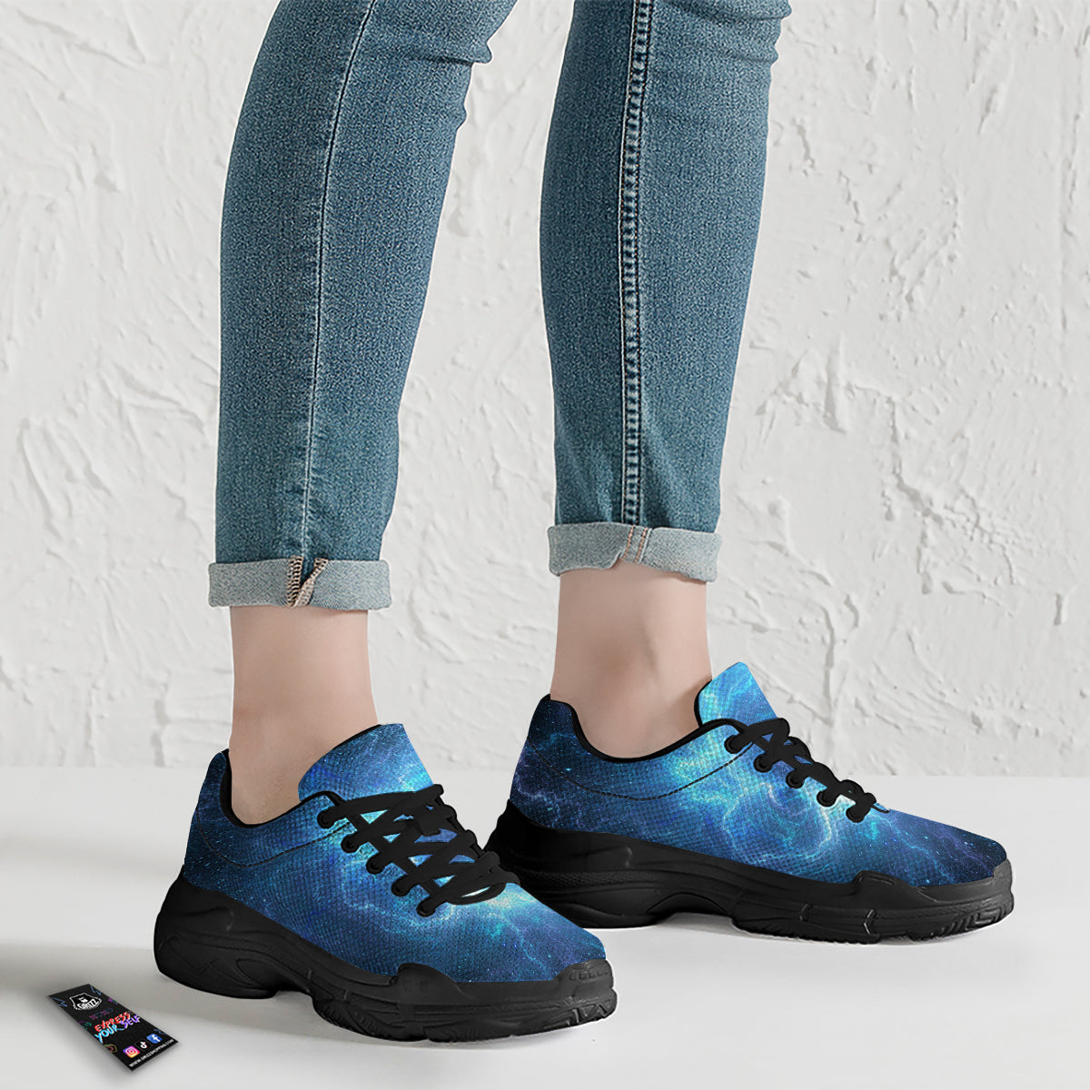 Blue Glowing Giant Lightning In Space Print Black Chunky Shoes-grizzshop