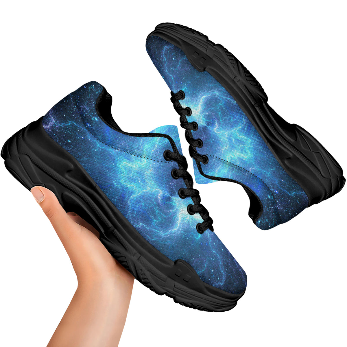 Blue Glowing Giant Lightning In Space Print Black Chunky Shoes-grizzshop