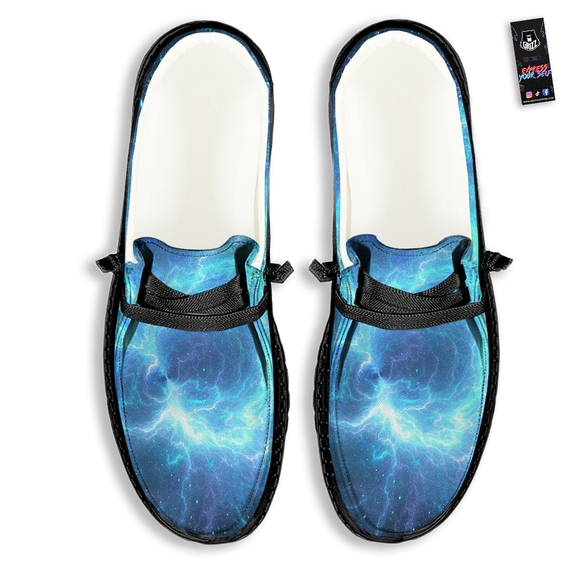 Blue Glowing Giant Lightning In Space Print Black Loafers-grizzshop