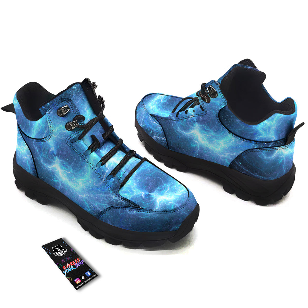 Blue Glowing Giant Lightning In Space Print Hiking Shoes-grizzshop