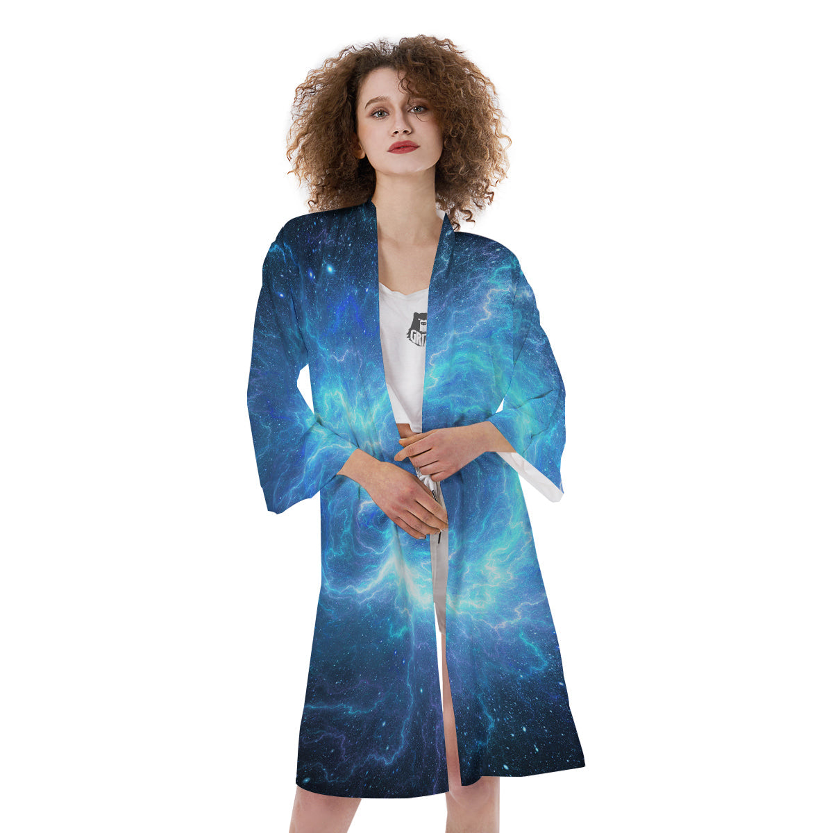 Blue Glowing Giant Lightning In Space Print Kimono-grizzshop