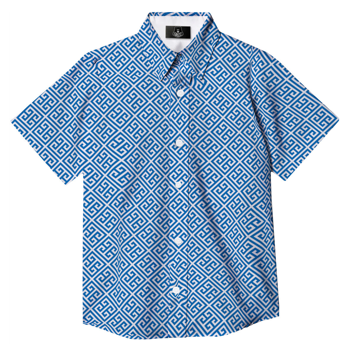 Blue Greek Key Print Pattern Button Up Shirt-grizzshop