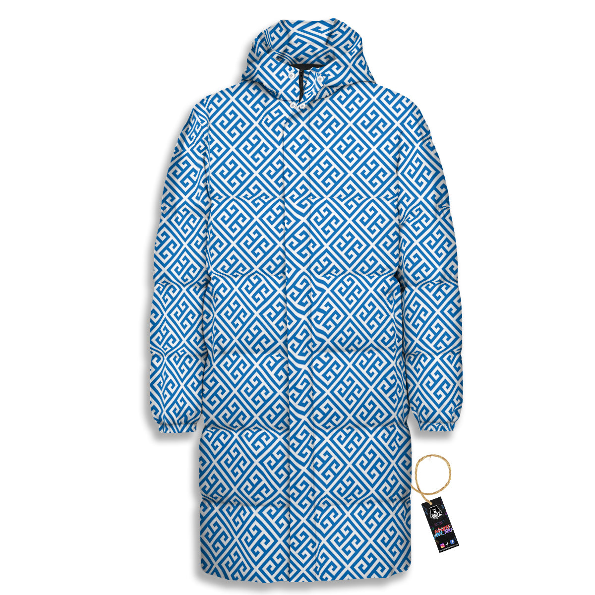 Blue Greek Key Print Pattern Long Down Jacket-grizzshop