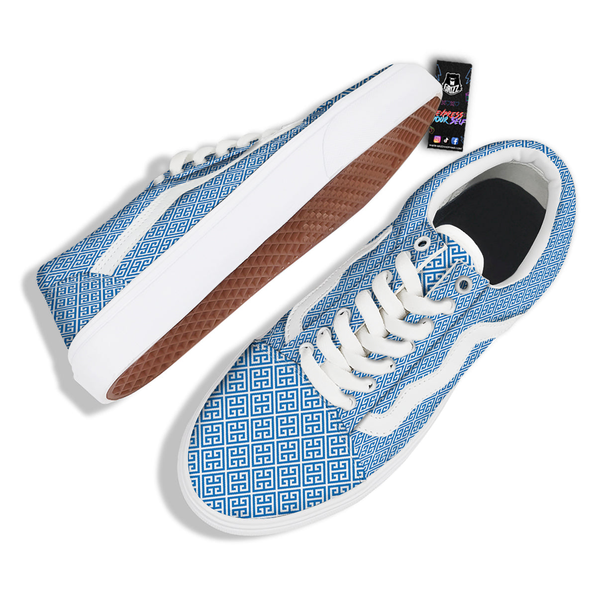Blue Greek Key Print Pattern Skate Shoes-grizzshop