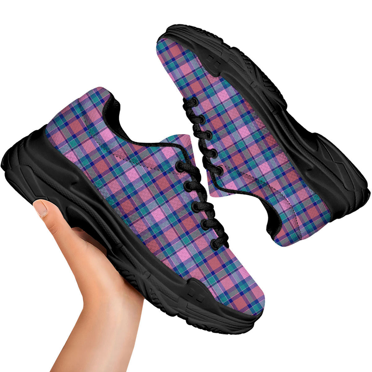 Blue Green And Pink Tartan Print Pattern Black Chunky Shoes-grizzshop