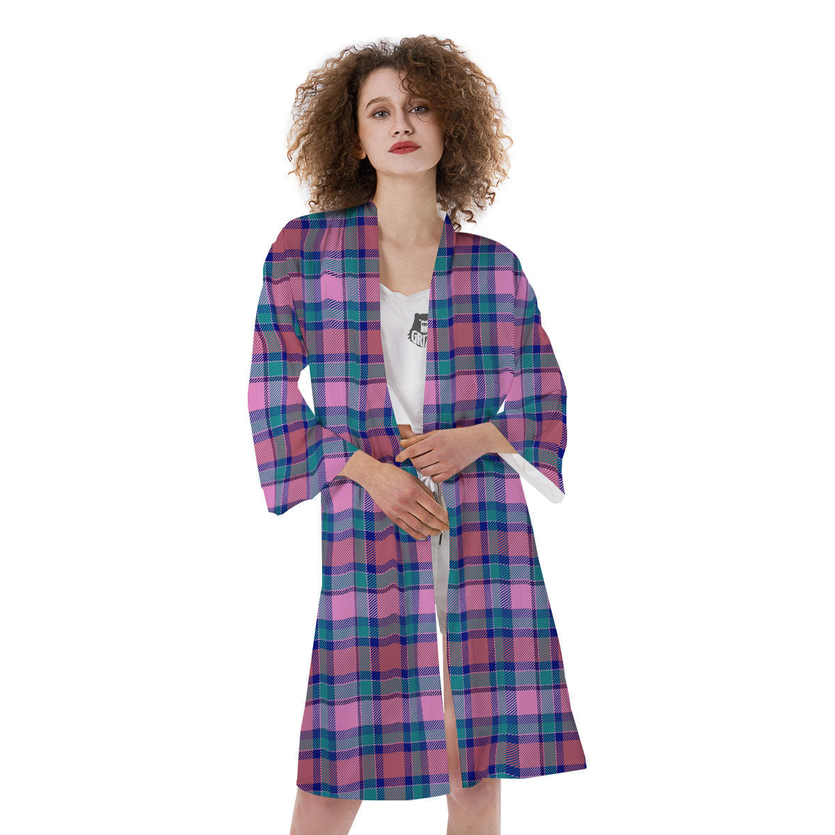 Blue Green And Pink Tartan Print Pattern Kimono-grizzshop