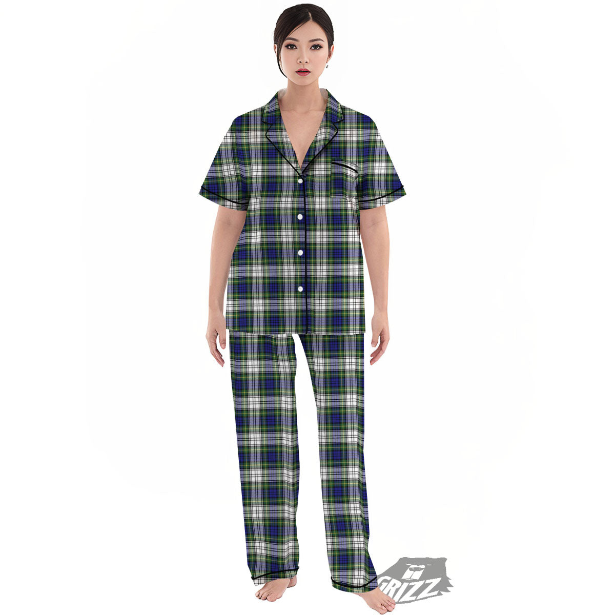 Blue Green And White Plaid Print Pattern Women's Pajamas Set-grizzshop