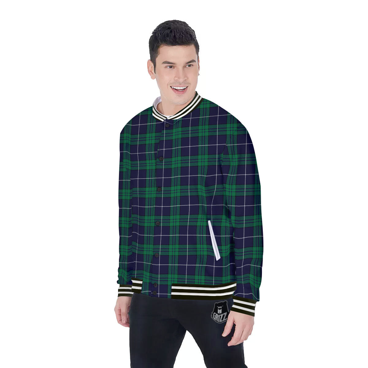 Blue Green And White Tartan Print Baseball Jacket-grizzshop