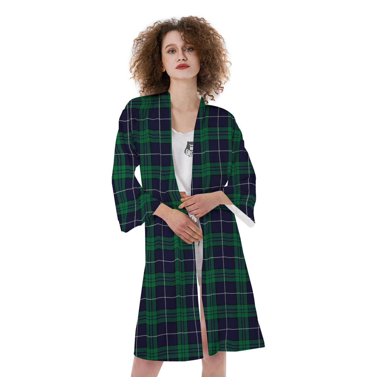 Blue Green And White Tartan Print Kimono-grizzshop
