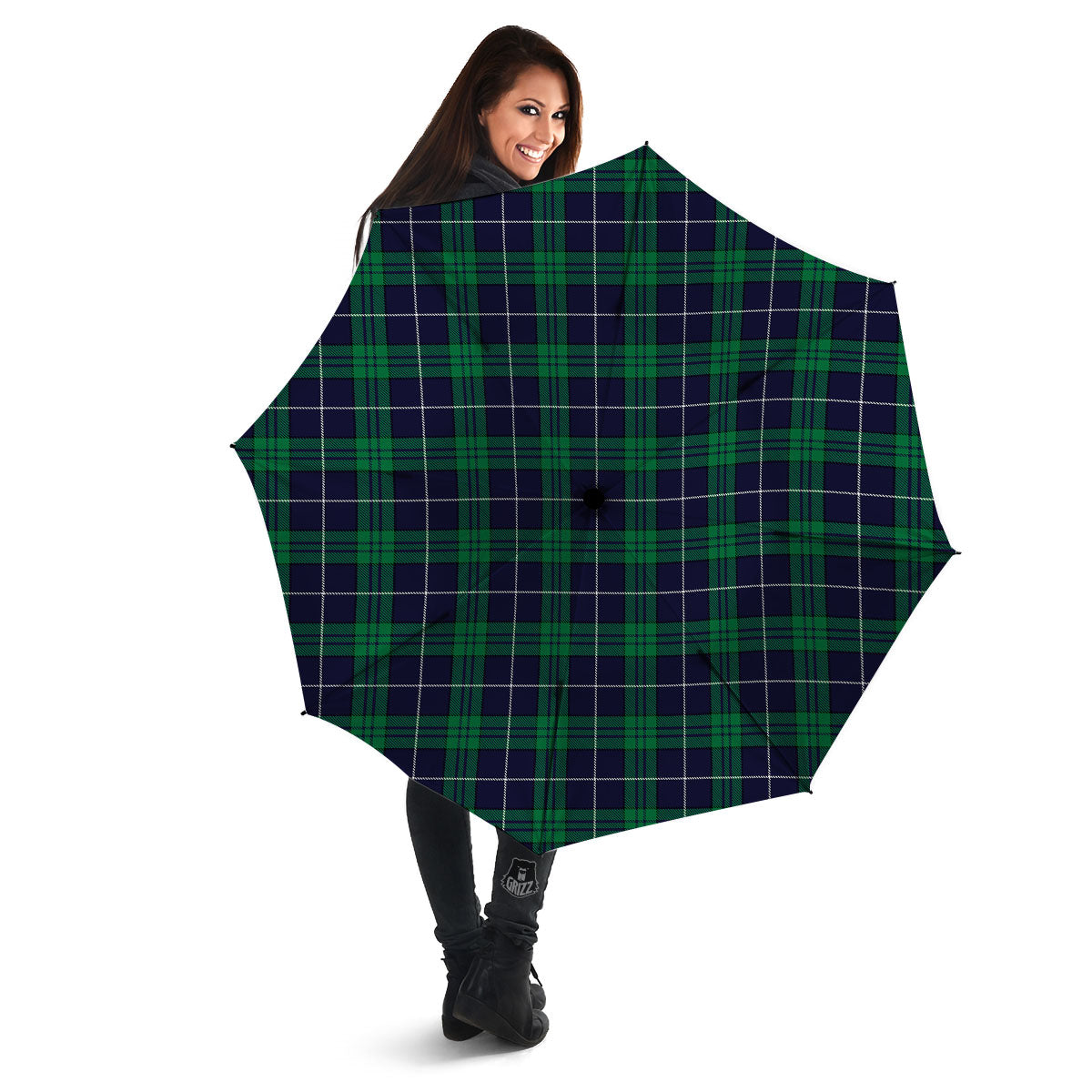 Blue Green And White Tartan Print Umbrella-grizzshop