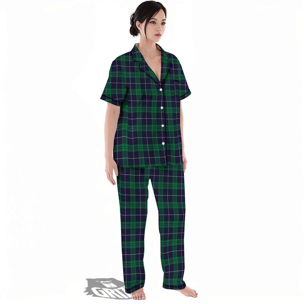 Blue Green And White Tartan Print Women's Pajamas Set-grizzshop