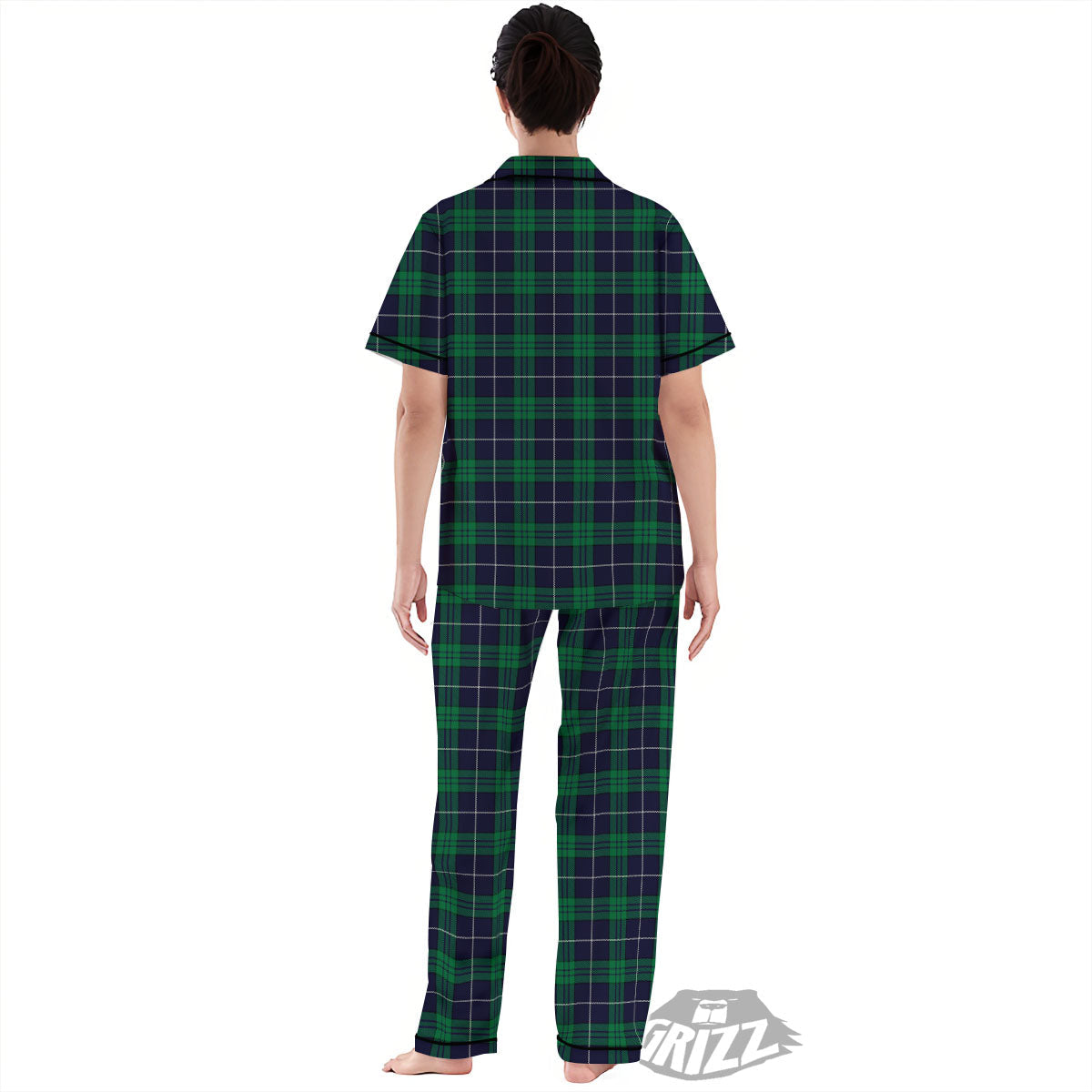 Blue Green And White Tartan Print Women's Pajamas Set-grizzshop