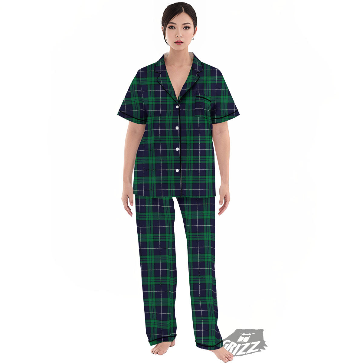 Blue Green And White Tartan Print Women's Pajamas Set-grizzshop