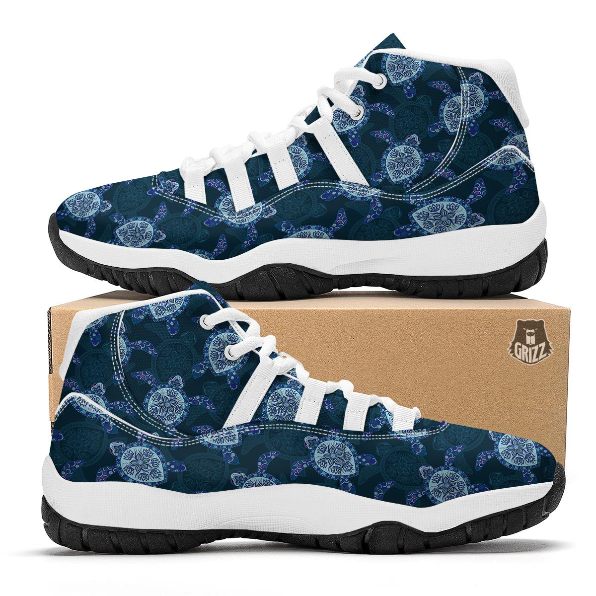 Blue Hawaiian Sea Turtle Pattern Print White Bball Shoes-grizzshop
