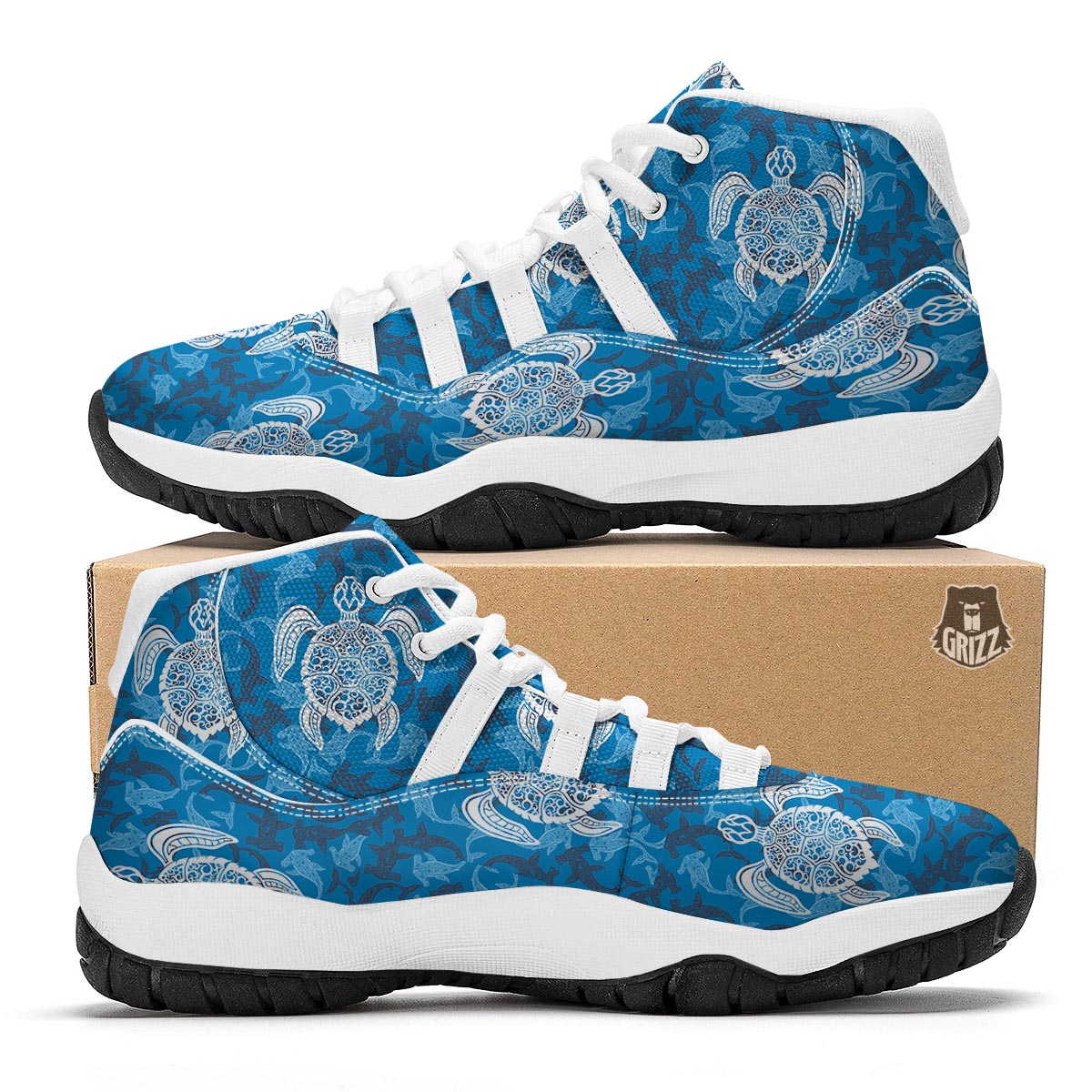Blue Hawaiian Shark Sea Turtle Pattern Print White Bball Shoes-grizzshop