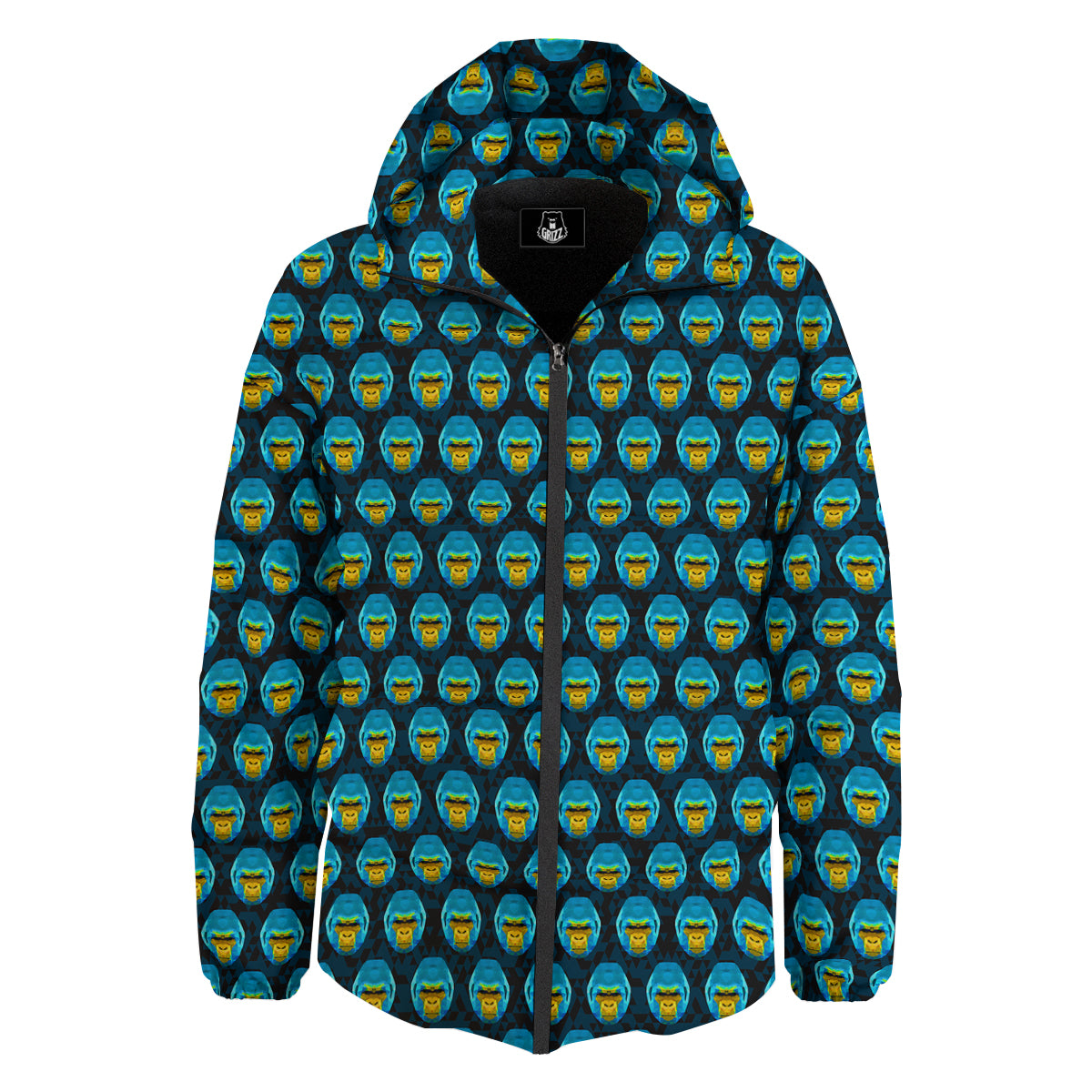 Blue Head Gorilla Geometric Triangle Print Pattern Down Jacket-grizzshop