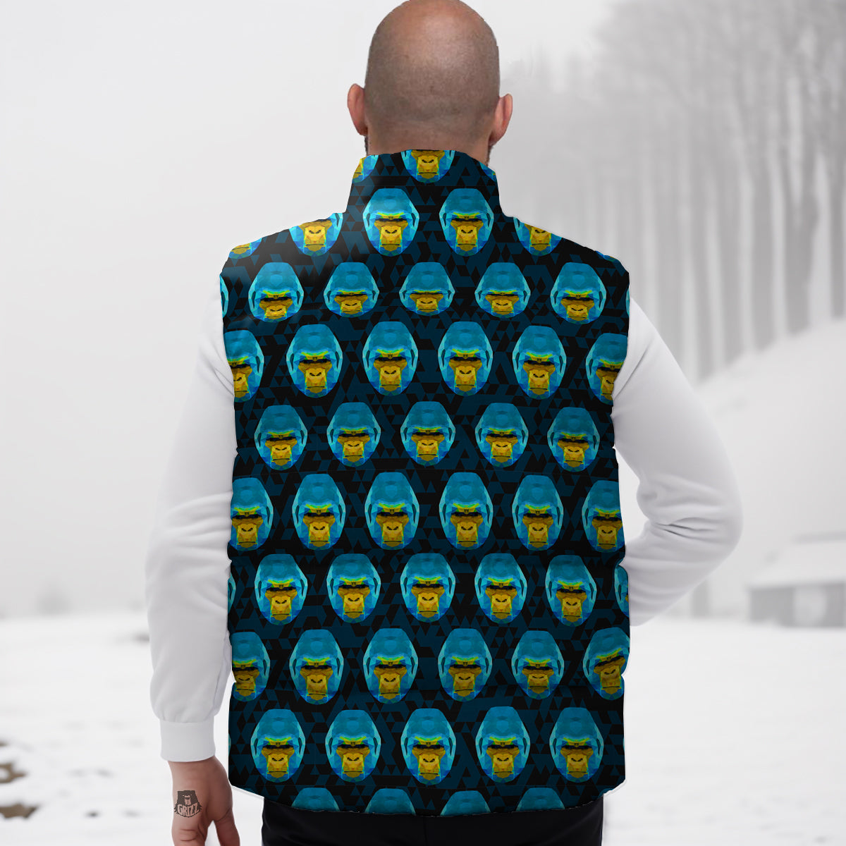 Blue Head Gorilla Geometric Triangle Print Pattern Down Vest-grizzshop