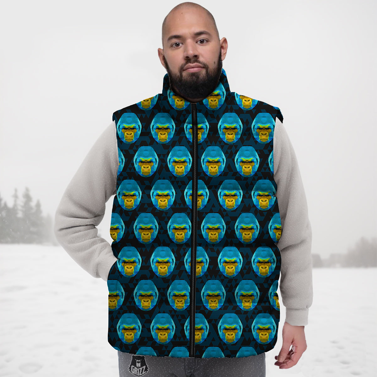 Blue Head Gorilla Geometric Triangle Print Pattern Down Vest-grizzshop