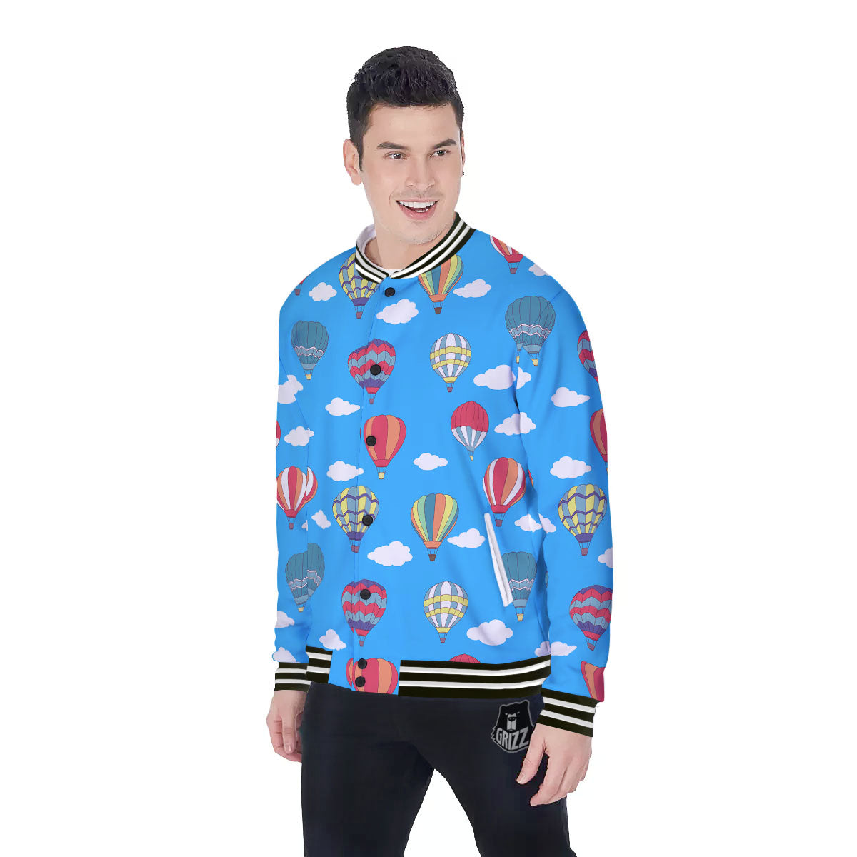 Blue Hot Air Balloon Print Pattern Baseball Jacket-grizzshop