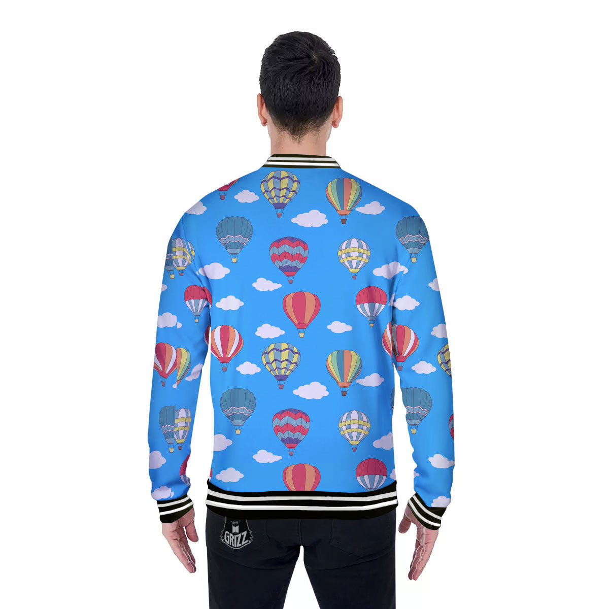 Blue Hot Air Balloon Print Pattern Baseball Jacket-grizzshop