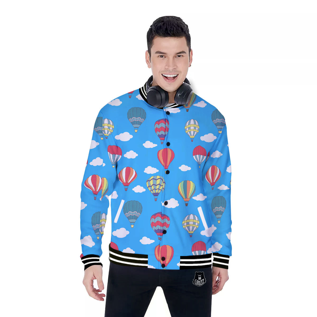 Blue Hot Air Balloon Print Pattern Baseball Jacket-grizzshop