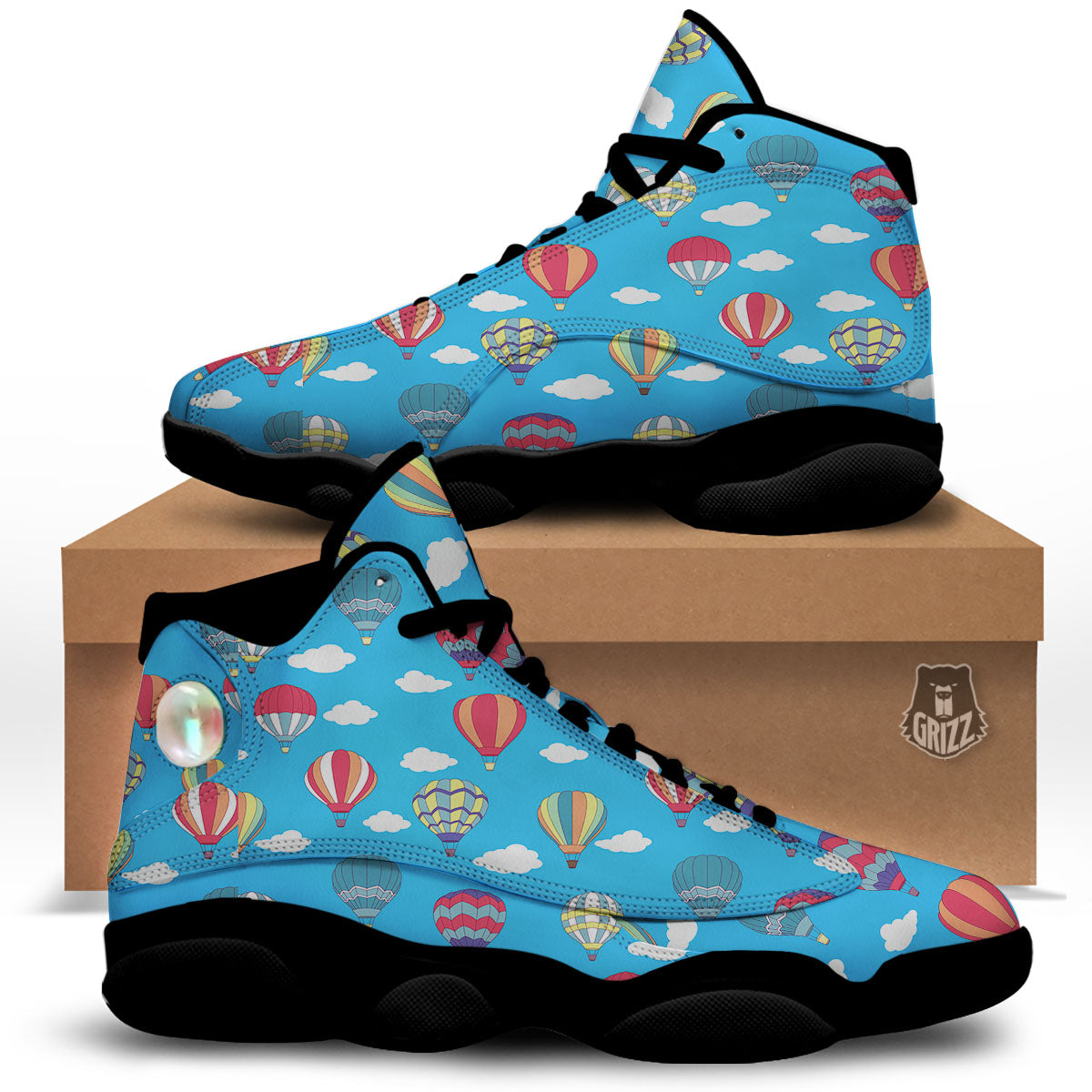Blue Hot Air Balloon Print Pattern Black Basketball Shoes-grizzshop