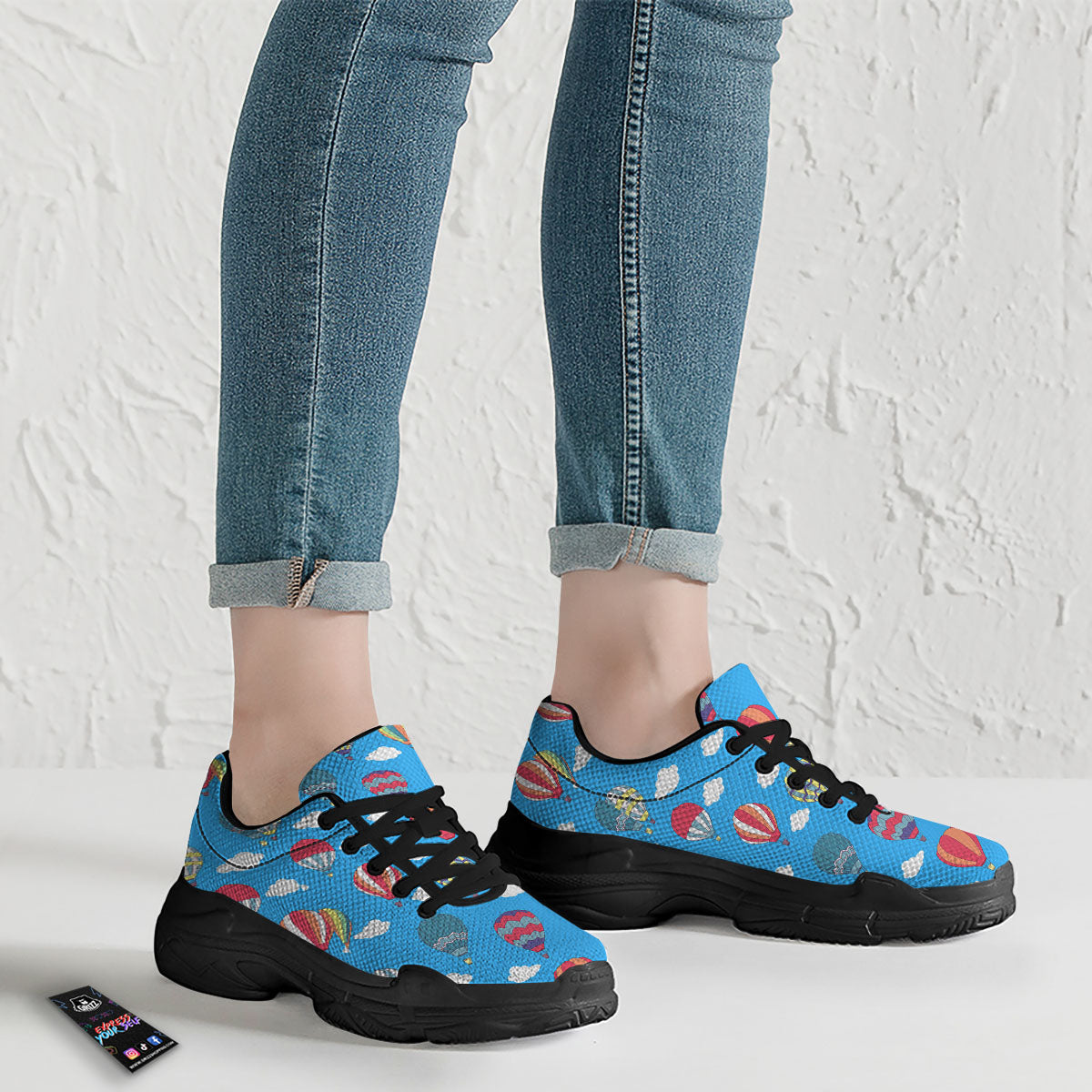 Blue Hot Air Balloon Print Pattern Black Chunky Shoes-grizzshop