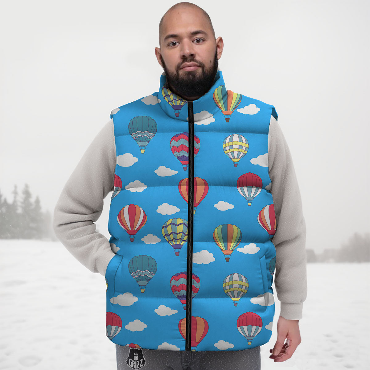 Blue Hot Air Balloon Print Pattern Down Vest