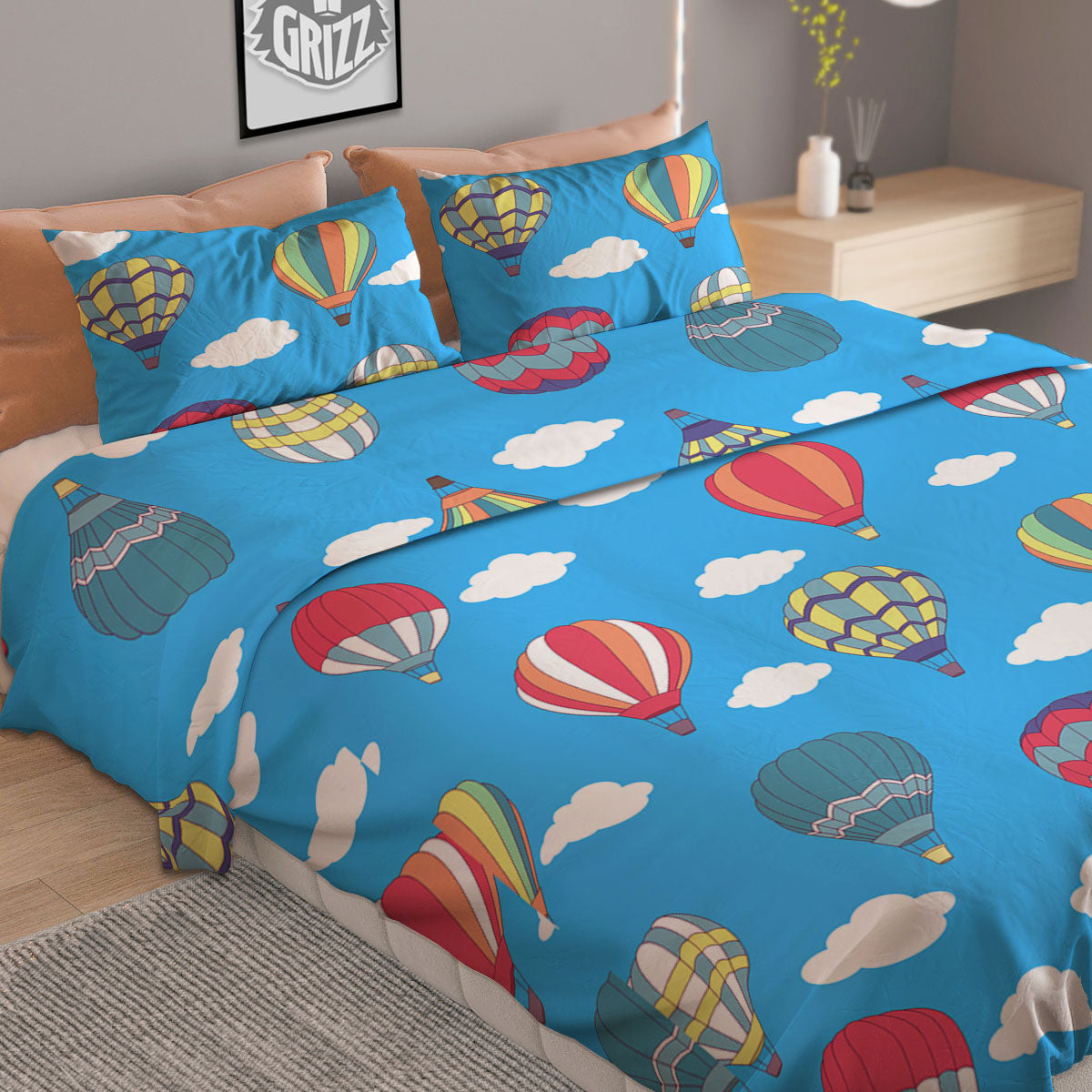 Blue Hot Air Balloon Print Pattern Duvet Cover Bedding Set