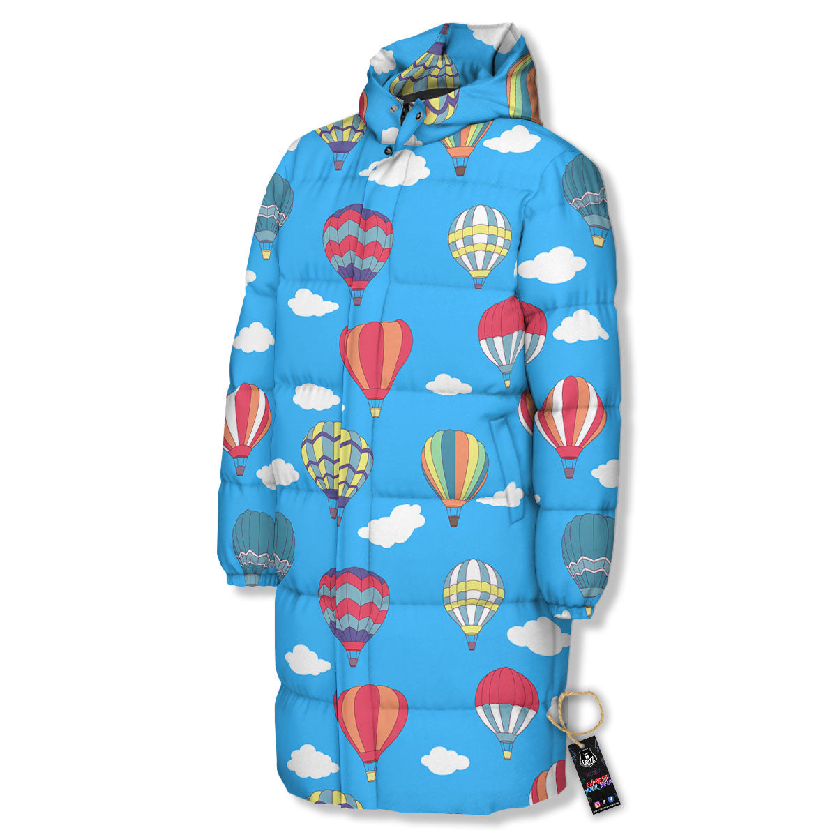 Blue Hot Air Balloon Print Pattern Long Down Jacket-grizzshop
