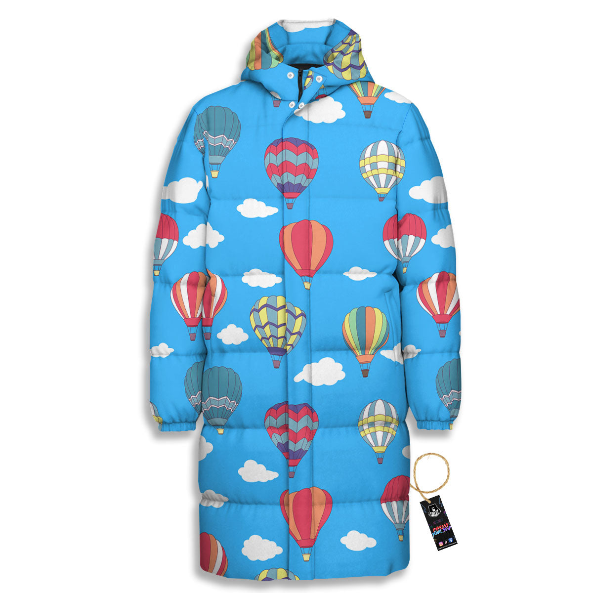 Blue Hot Air Balloon Print Pattern Long Down Jacket-grizzshop
