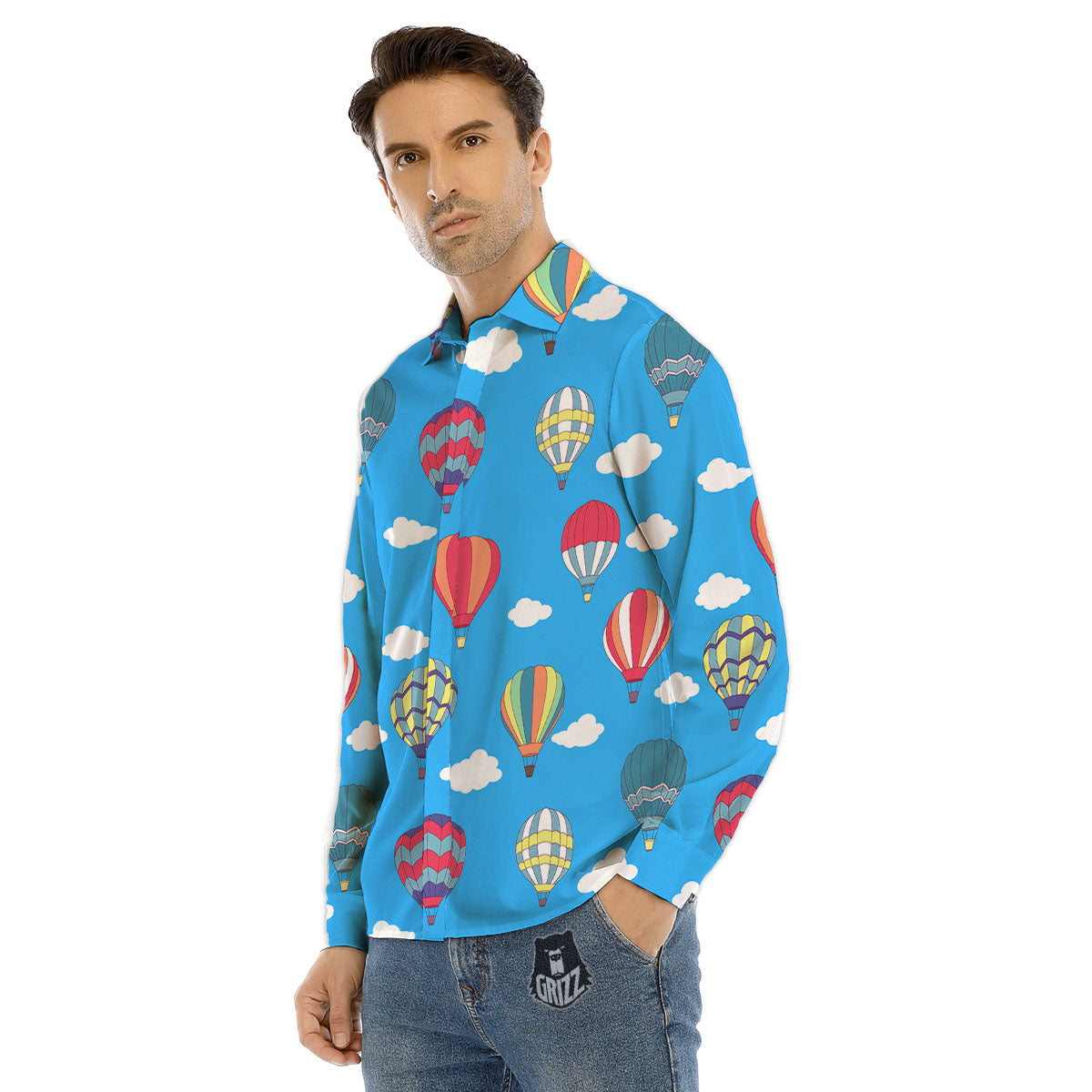 Blue Hot Air Balloon Print Pattern Men's Dress Shirts-grizzshop