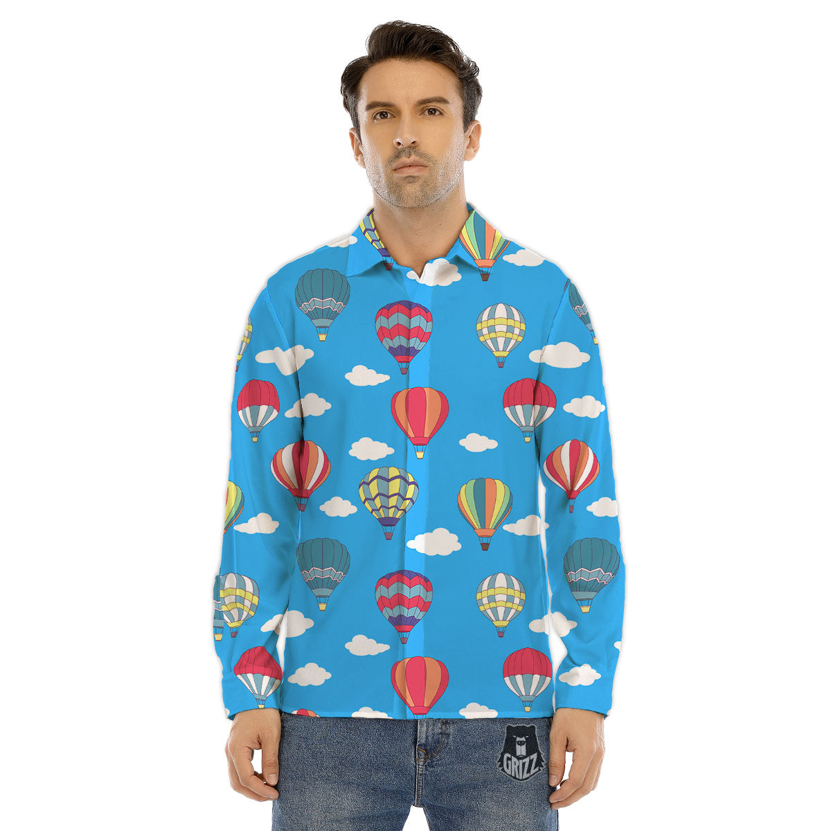 Blue Hot Air Balloon Print Pattern Men's Dress Shirts-grizzshop