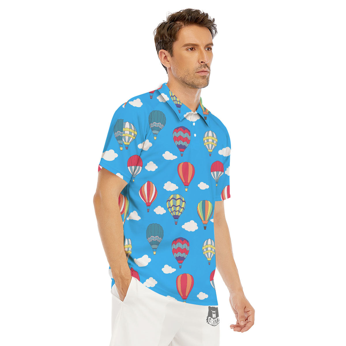 Blue Hot Air Balloon Print Pattern Men's Golf Shirts-grizzshop