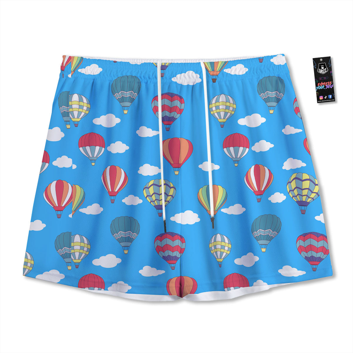 Blue Hot Air Balloon Print Pattern Mesh Shorts