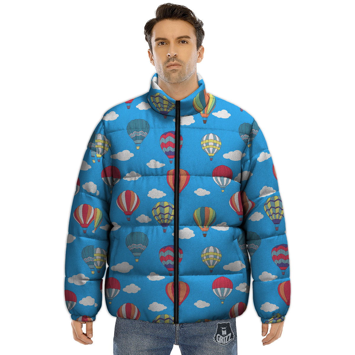 Blue Hot Air Balloon Print Pattern Puffer Jacket-grizzshop