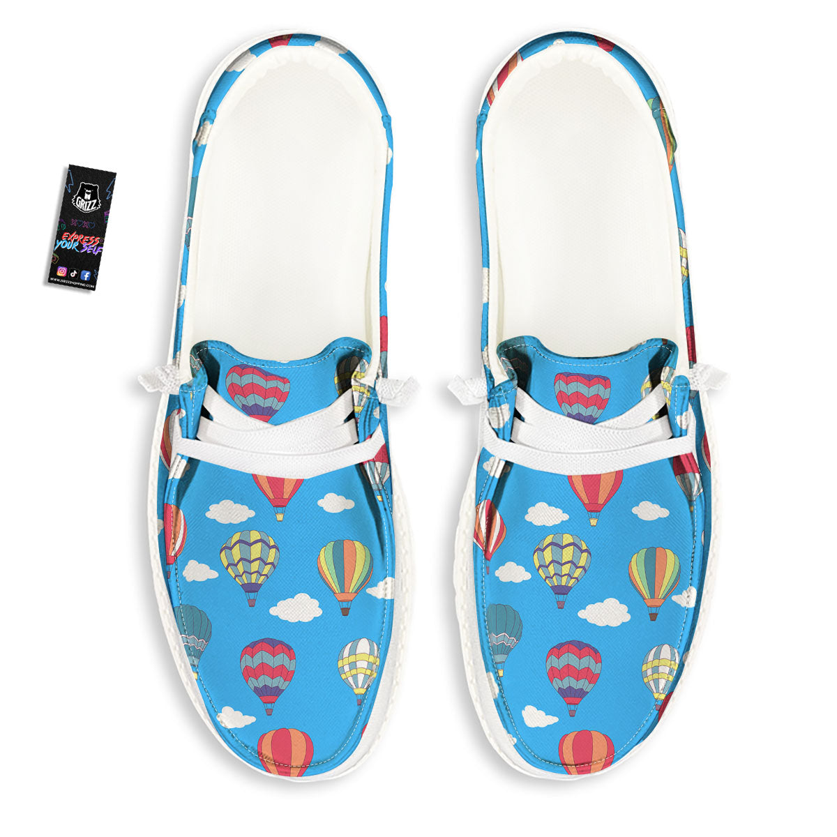 Blue Hot Air Balloon Print Pattern White Loafers-grizzshop