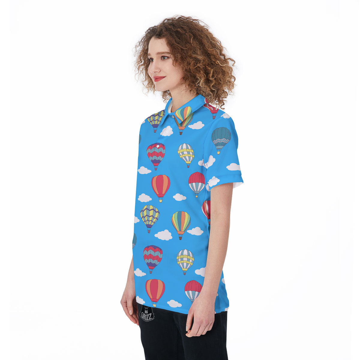 Blue Hot Air Balloon Print Pattern Women's Golf Shirts-grizzshop