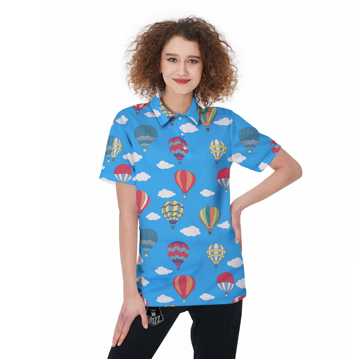 Blue Hot Air Balloon Print Pattern Women's Golf Shirts-grizzshop