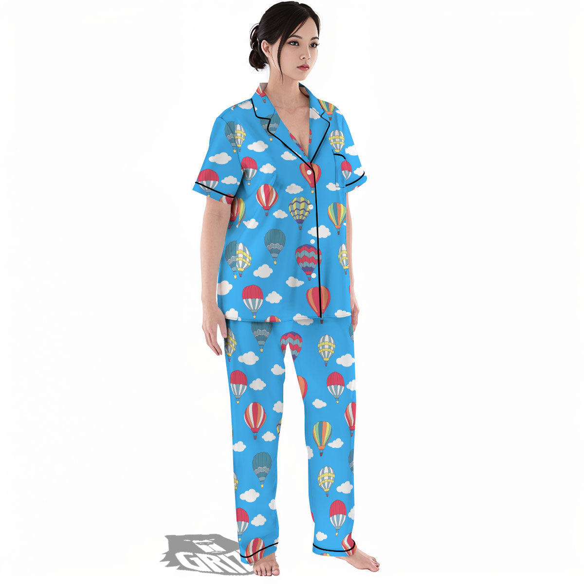 Blue Hot Air Balloon Print Pattern Women's Pajamas Set-grizzshop