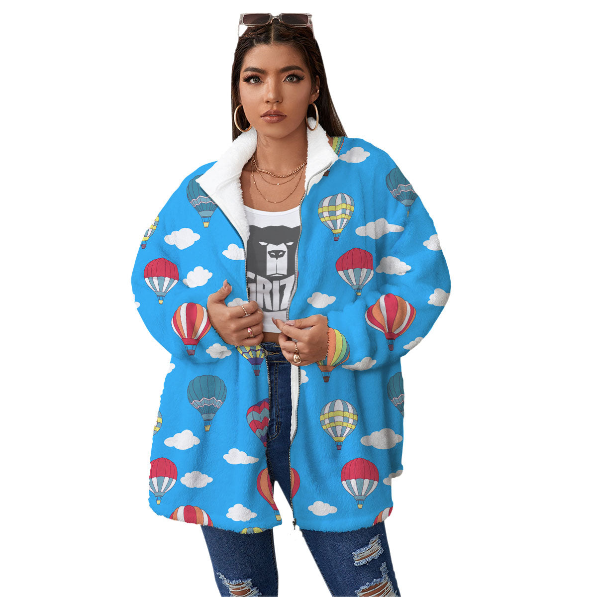Blue Hot Air Balloon Print Pattern Women's Sherpa Jacket-grizzshop