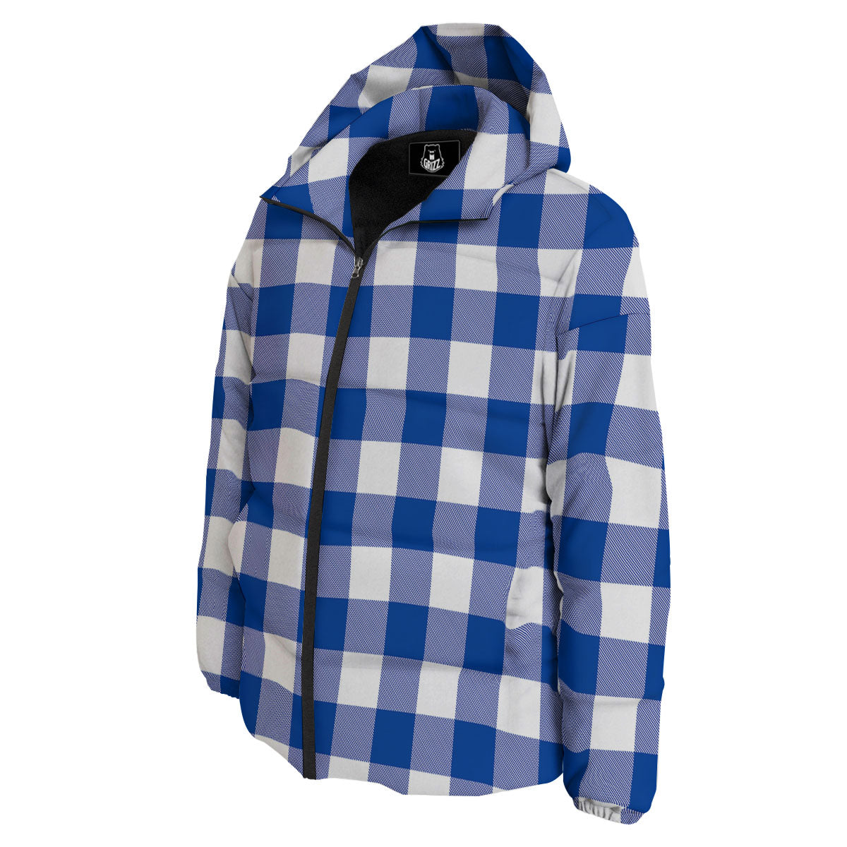 Blue Indigo And White Gingham Print Down Jacket-grizzshop