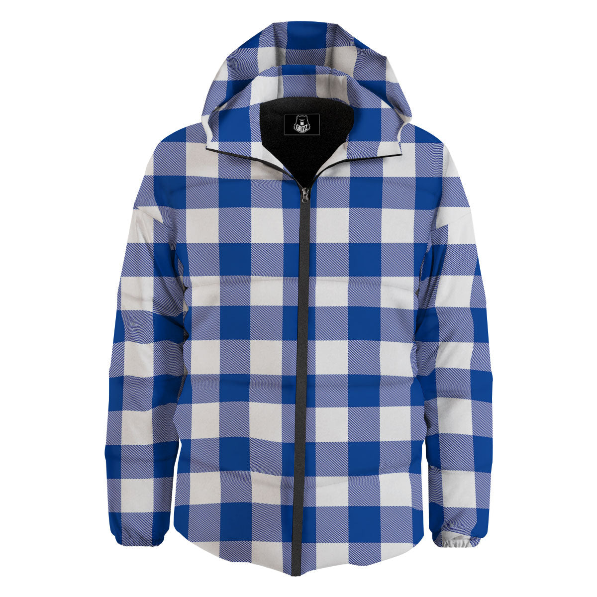 Blue Indigo And White Gingham Print Down Jacket-grizzshop