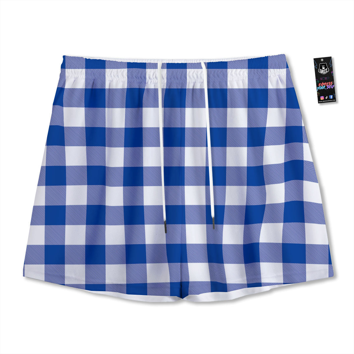 Blue Indigo And White Gingham Print Mesh Shorts