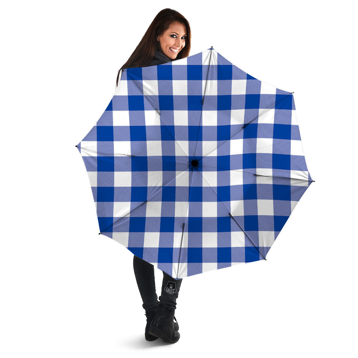 Blue Indigo And White Gingham Print Umbrella-grizzshop