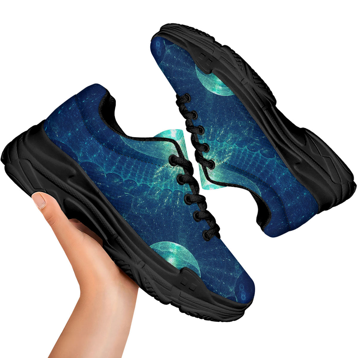 Blue Jellyfish On Deep Sea Print Black Chunky Shoes-grizzshop