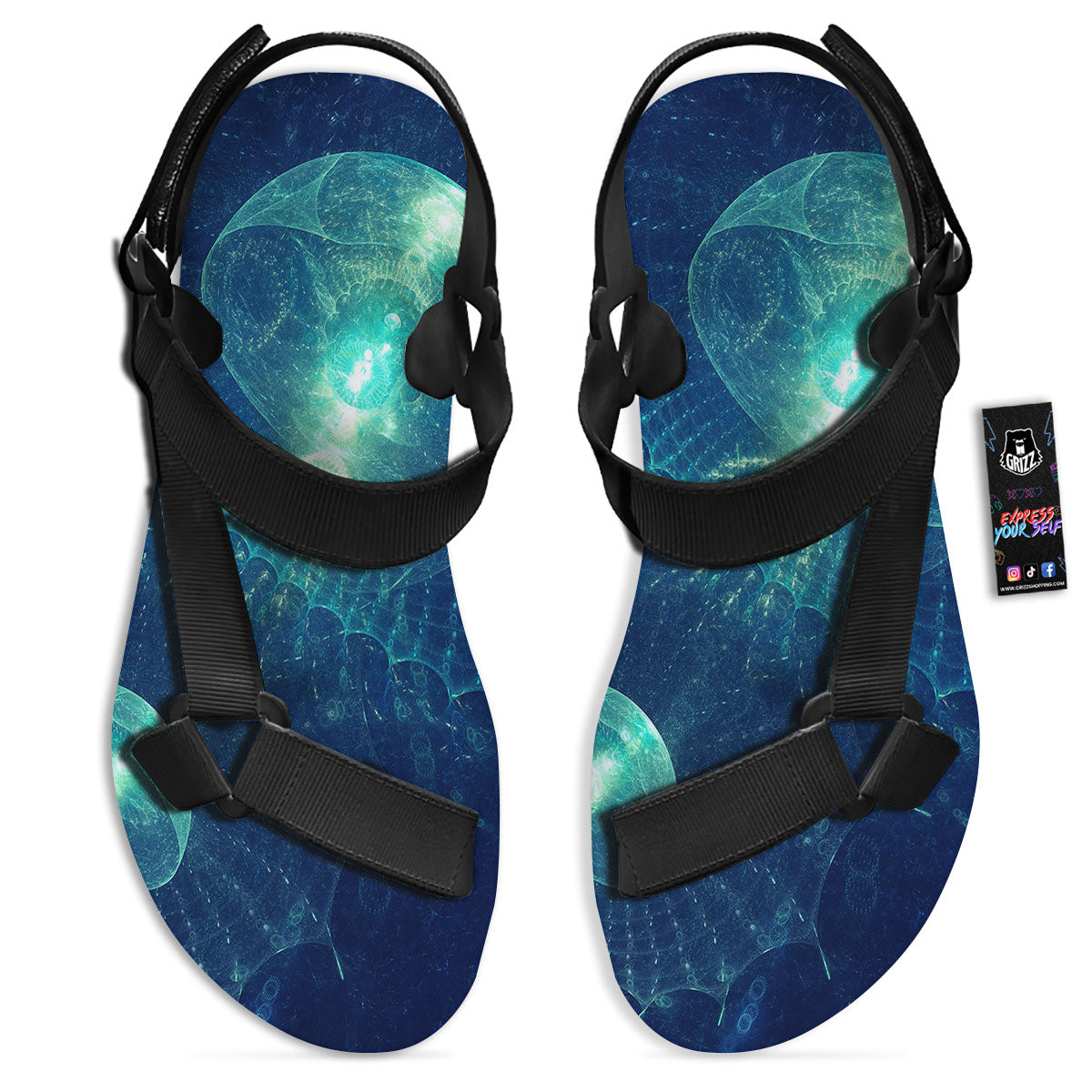 Blue Jellyfish On Deep Sea Print Black Open Toe Sandals-grizzshop